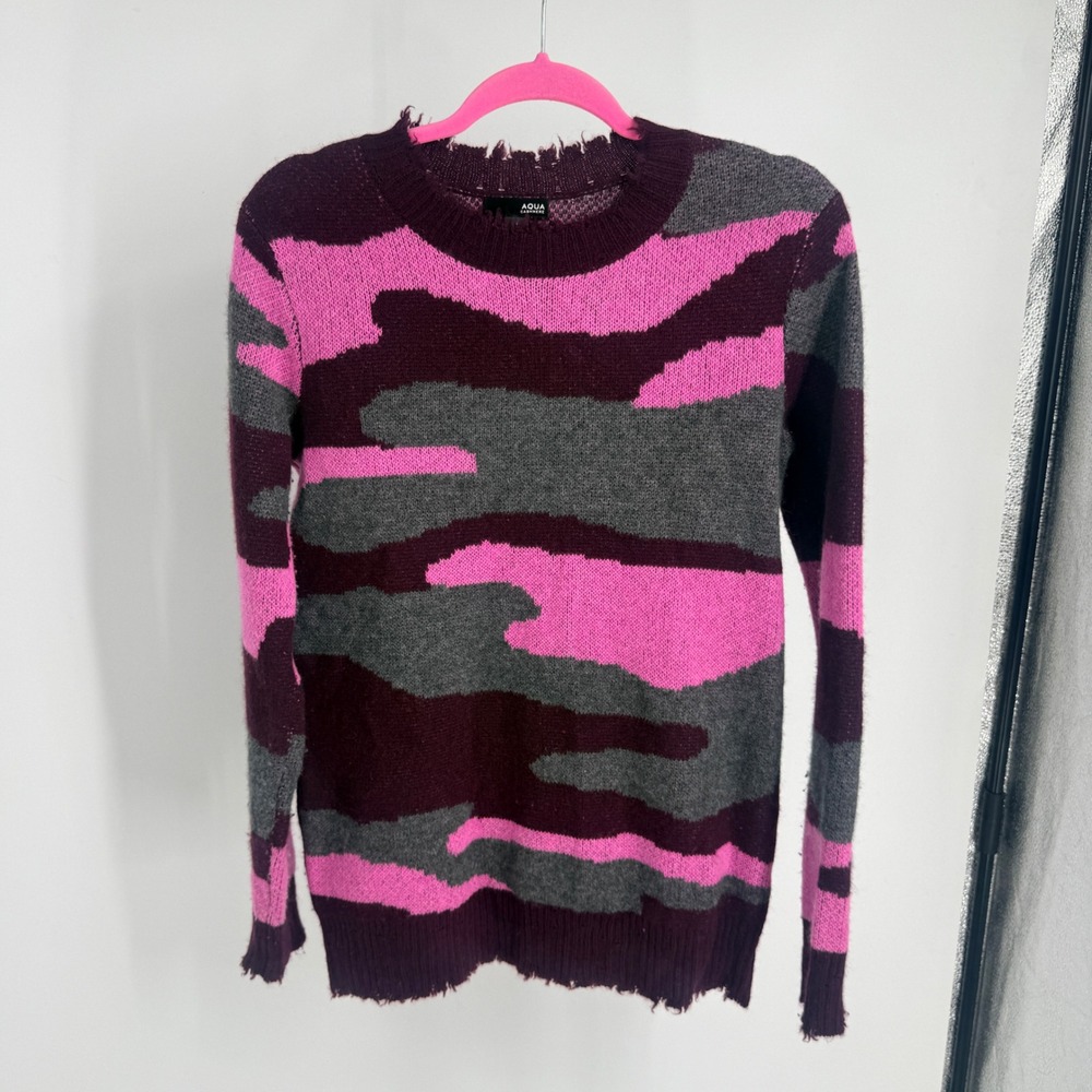 Aqua Cashmere Pink Purple Camo Distressed Crewneck Sweater S Funky Modern Bold